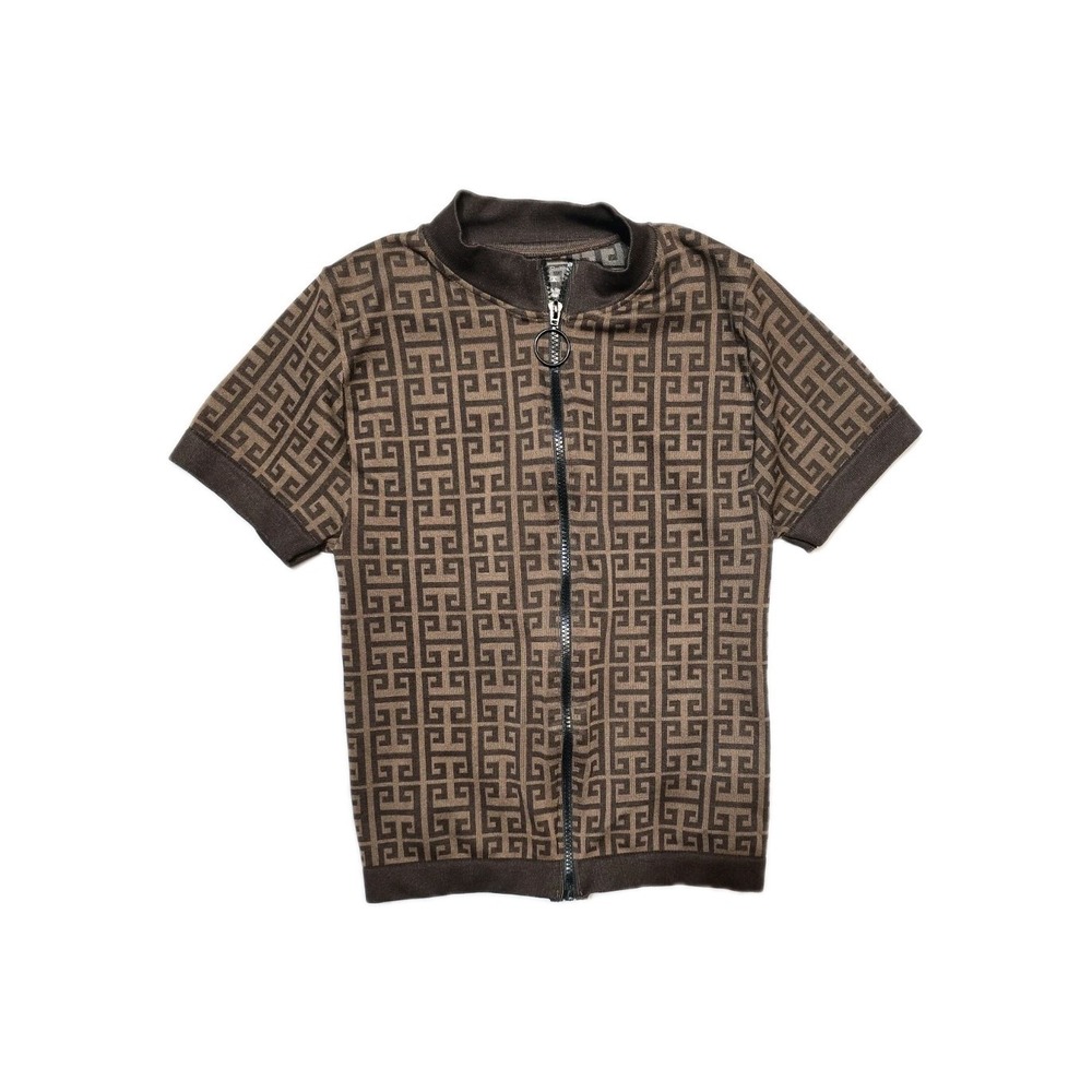 Eye Candy Brown Short Sleeves Shirt  Brown Size 1X  2X Knit Zip Up Stretch